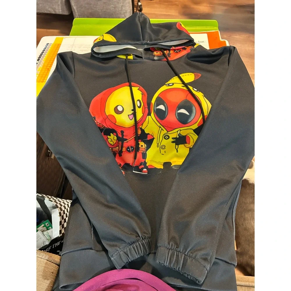 Pikachu Deadpool‎ Mashup Kids Hoodie Black Graphic Pullover Sweatshirt youth med